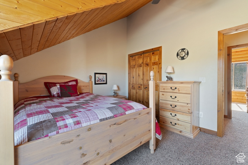 Carpeted bedroom featuring lofted ceiling, wooden ceiling, baseboards, and a closet