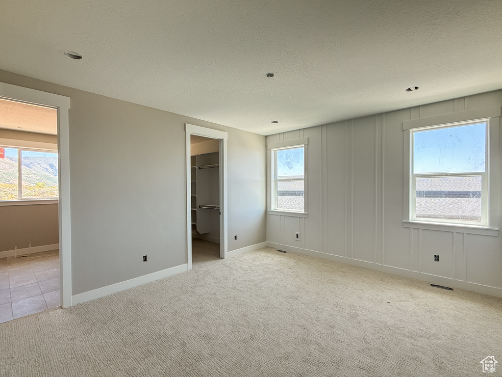 Unfurnished bedroom with light colored carpet, a textured ceiling, a spacious closet, and baseboards