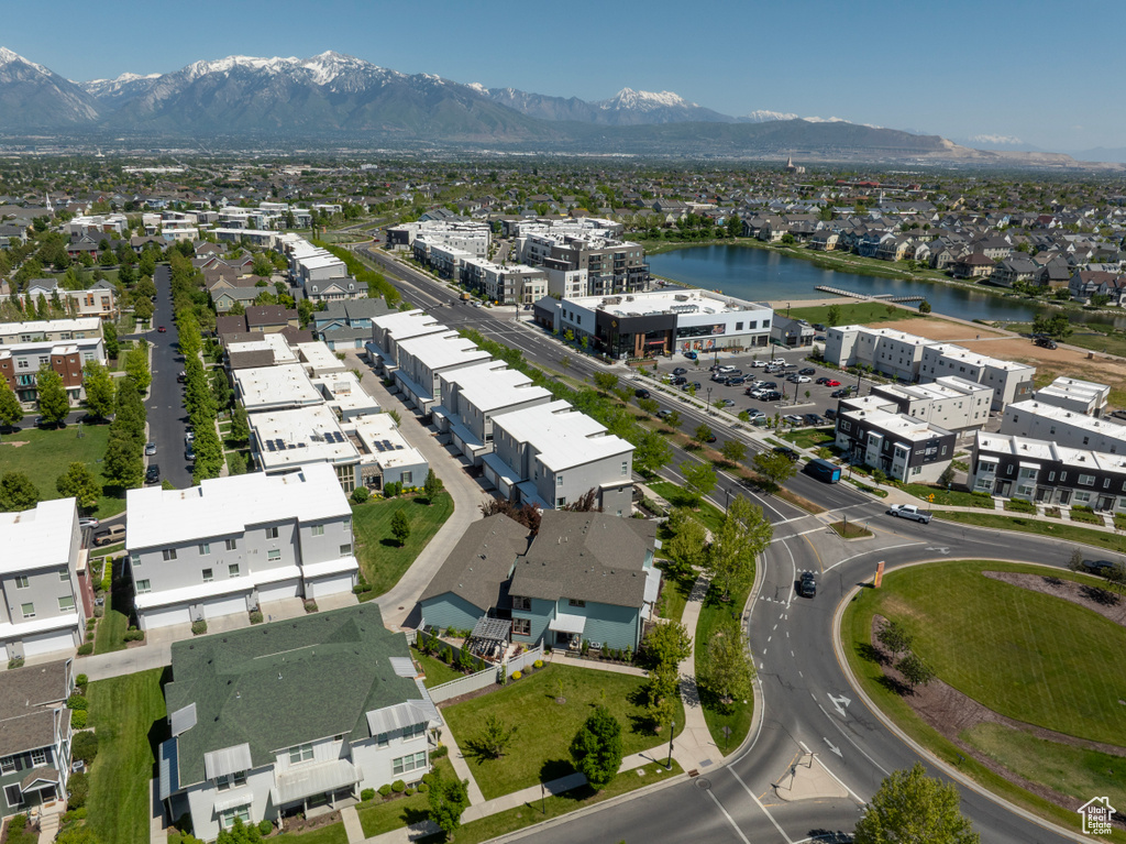 Aerial view of a water and mountain view