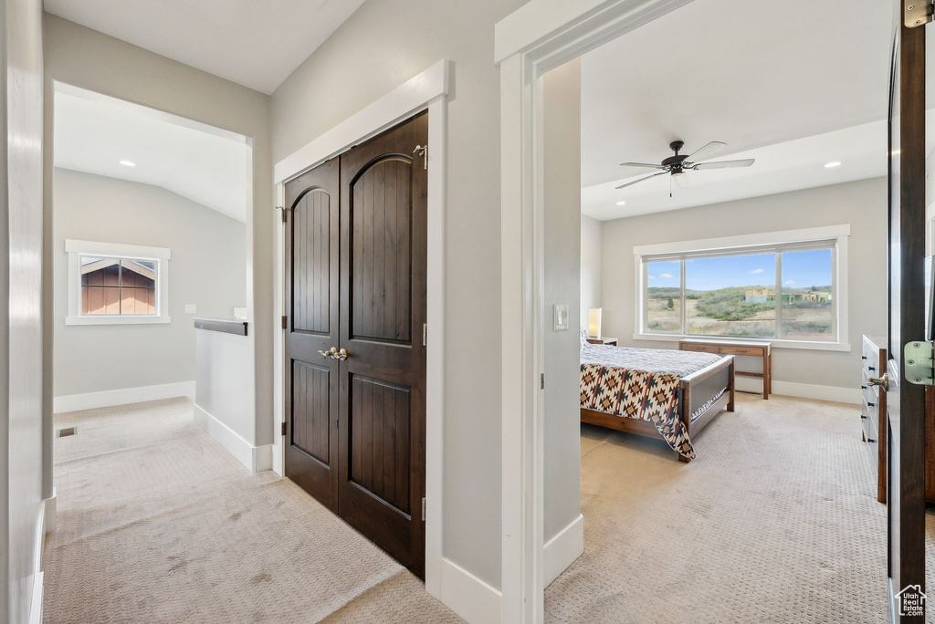 Bathroom with baseboards, a ceiling fan, and recessed lighting