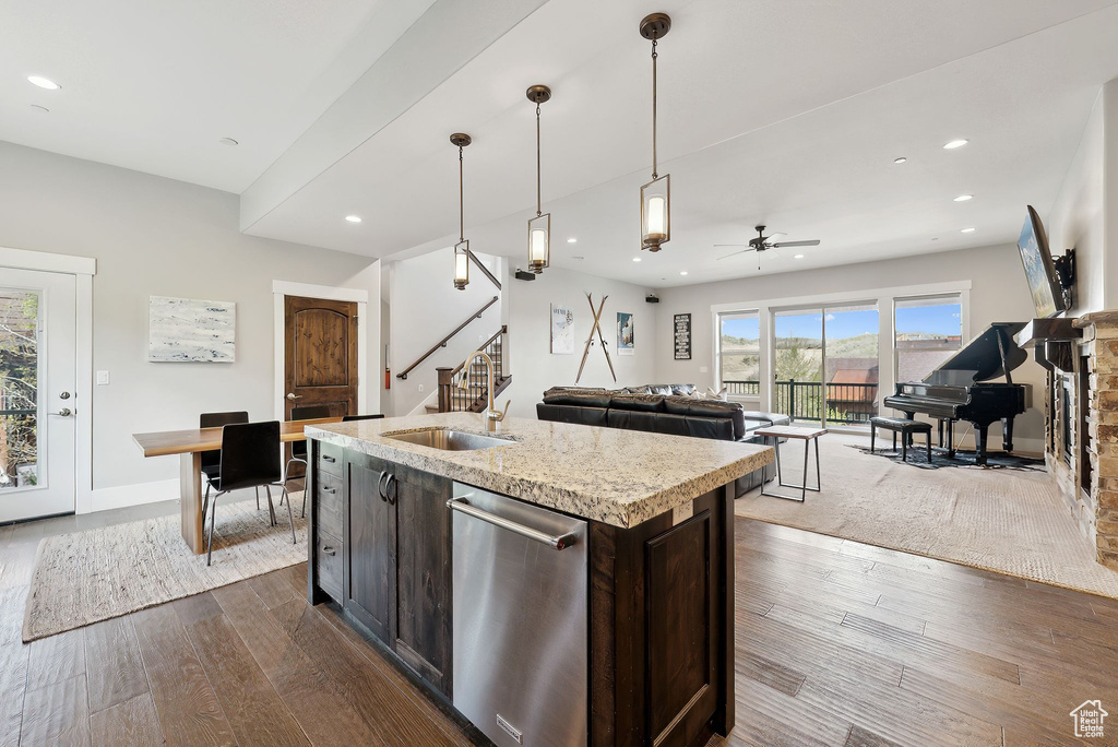 Kitchen featuring a sink, stainless steel dishwasher, dark wood-style floors, dark brown cabinets, and recessed lighting