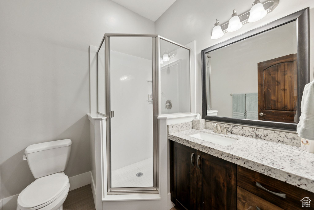 Bathroom featuring vanity, a stall shower, and toilet