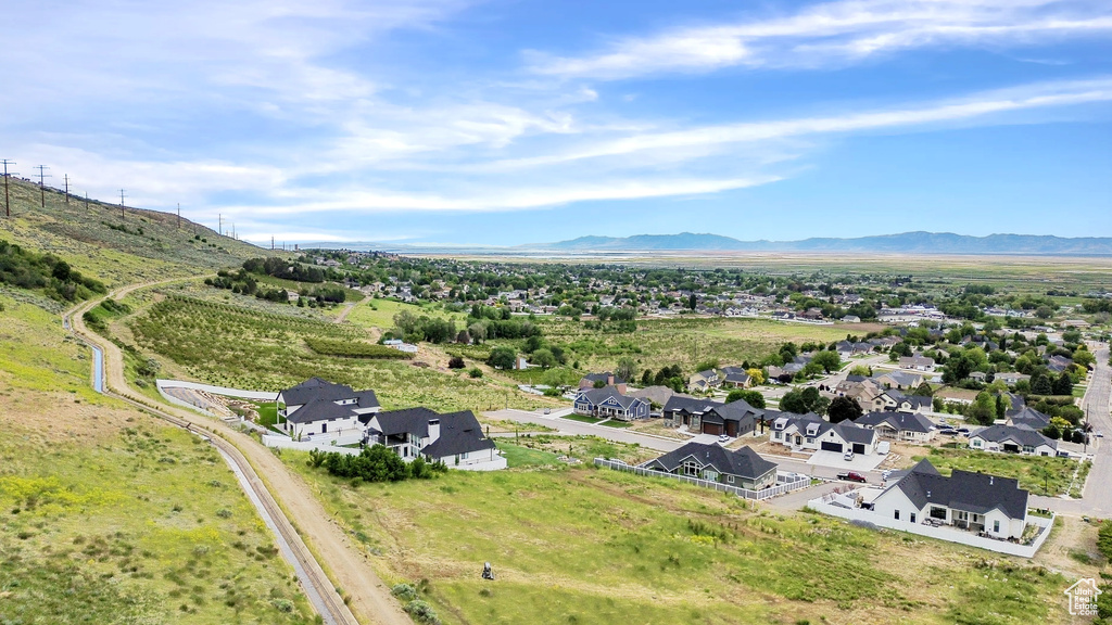 Aerial perspective of suburban area with mountains