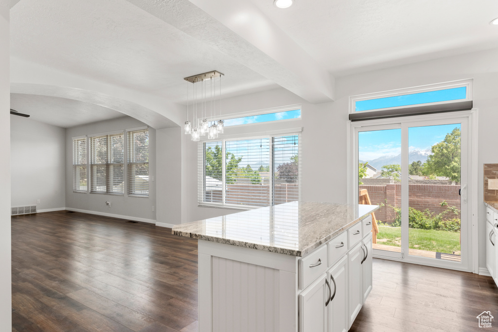 Kitchen featuring dark wood-style floors, plenty of natural light, light stone counters, open floor plan, and recessed lighting