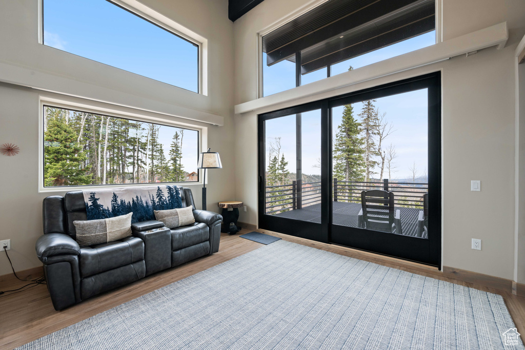 Living area featuring wood finished floors and a towering ceiling