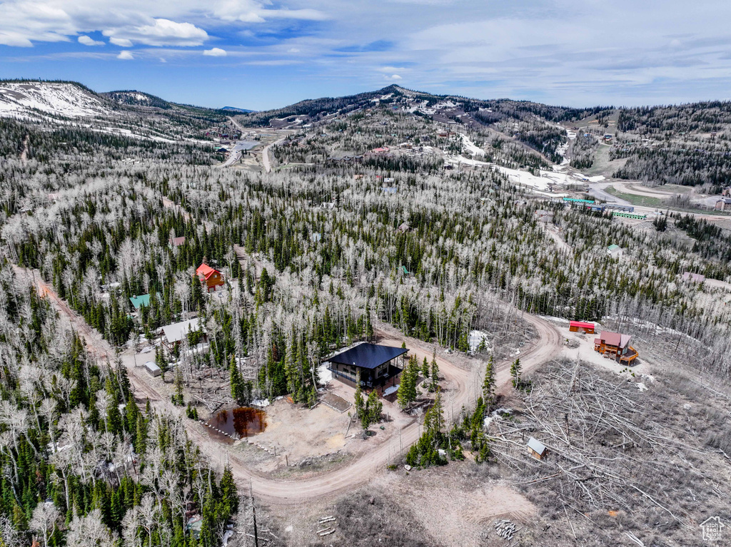 Snowy aerial view featuring a mountain view