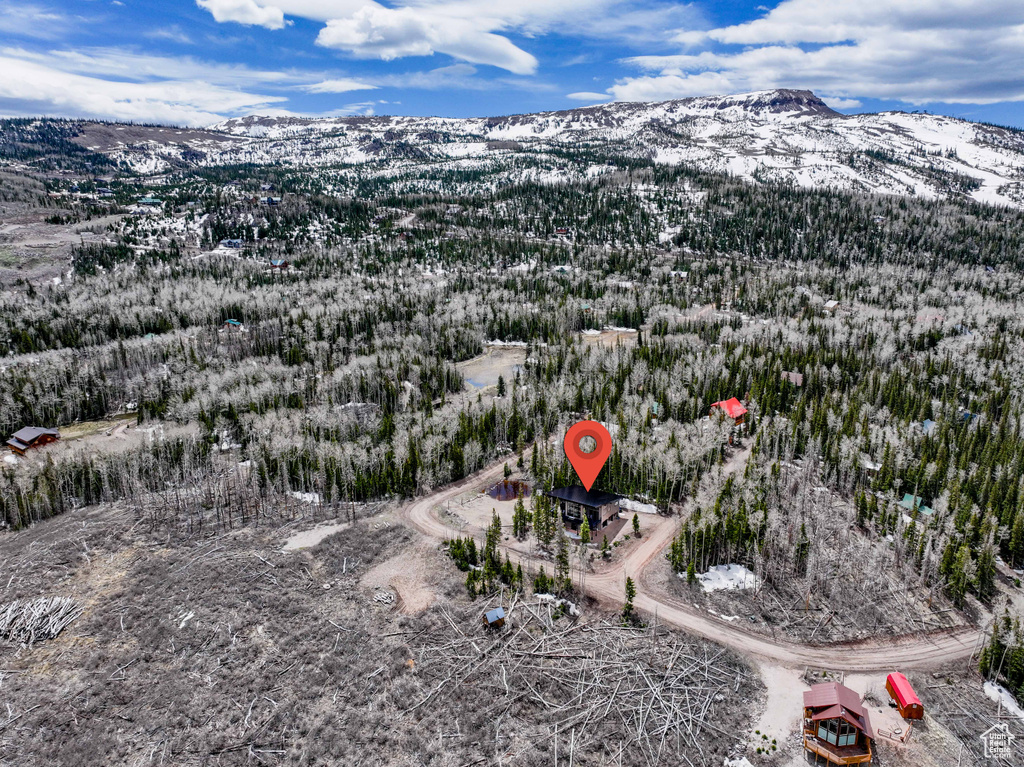 Snowy aerial view featuring a mountain view