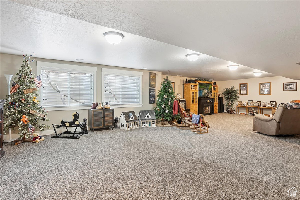 Carpeted living room with a textured ceiling and baseboards