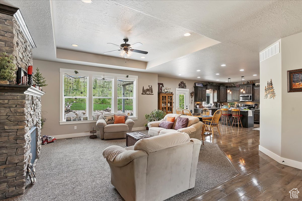 Living area featuring a textured ceiling, baseboards, a ceiling fan, dark wood-type flooring, and a stone fireplace