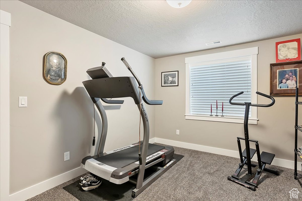 Exercise area featuring a textured ceiling, baseboards, and carpet