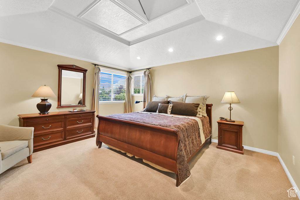 Bedroom with light carpet, recessed lighting, crown molding, and baseboards