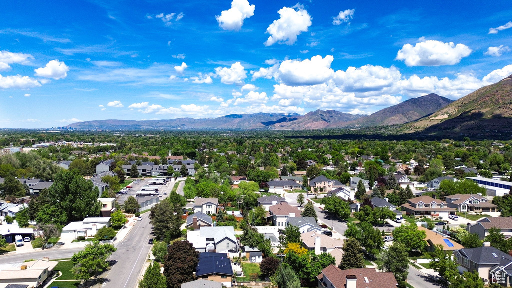Aerial view of residential area with mountains