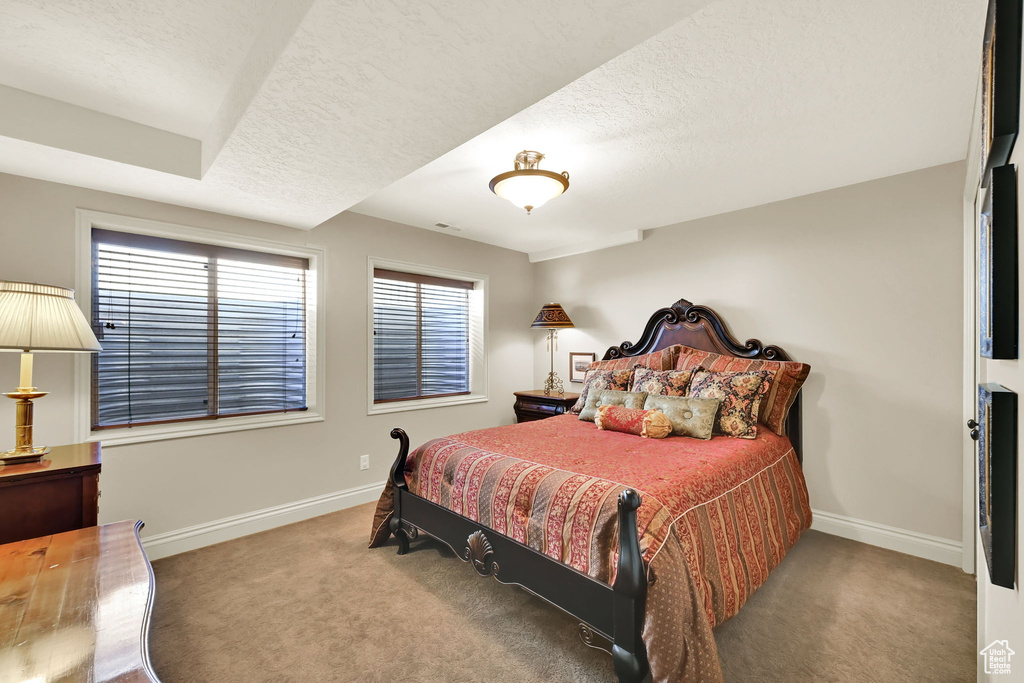 Bedroom with a textured ceiling, carpet, and baseboards