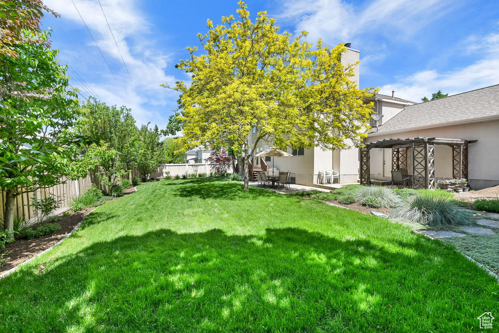 View of yard featuring a pergola and a patio