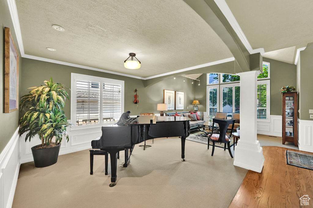 Sitting room with a decorative wall, ornate columns, crown molding, a textured ceiling, and wood finished floors