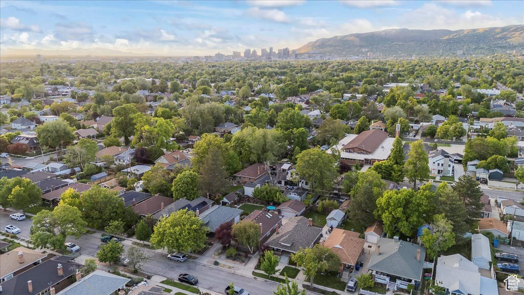 Aerial perspective of suburban area featuring mountains
