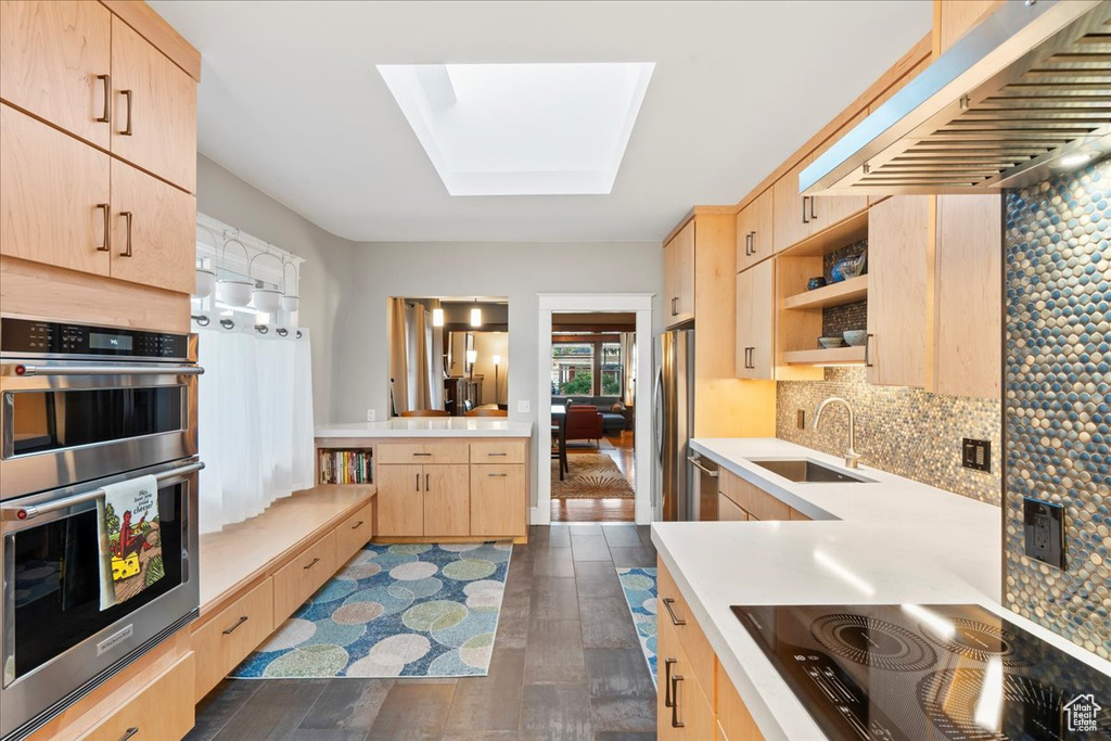 Kitchen with light brown cabinets, a sink, appliances with stainless steel finishes, and extractor fan