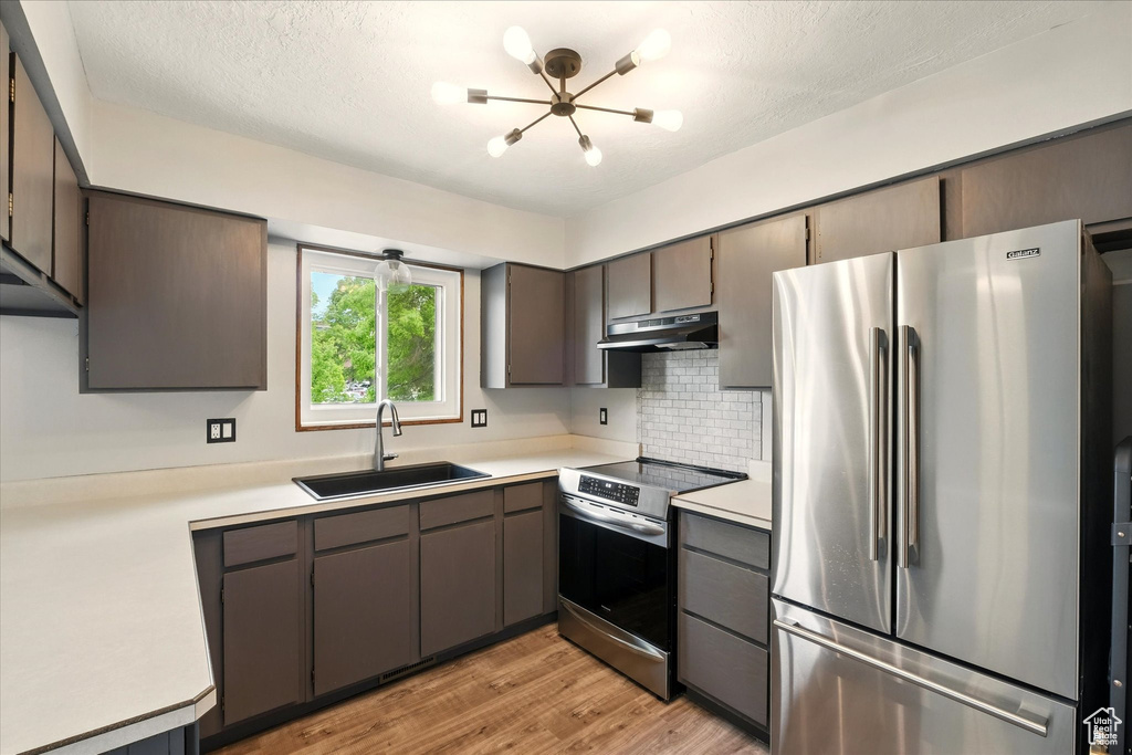 Kitchen with stainless steel appliances, a sink, under cabinet range hood, light wood-style floors, and a chandelier