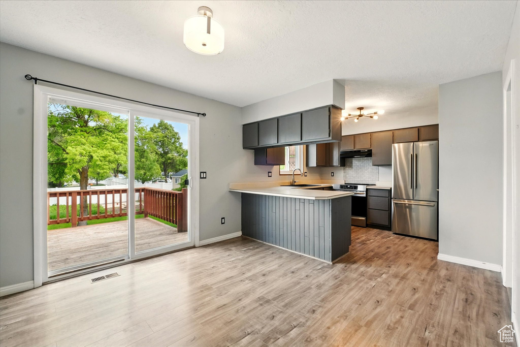 Kitchen with appliances with stainless steel finishes, a peninsula, light countertops, decorative backsplash, and light wood-type flooring