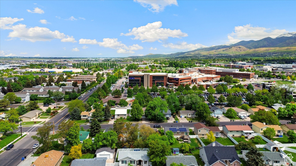 Aerial view of residential area with mountains