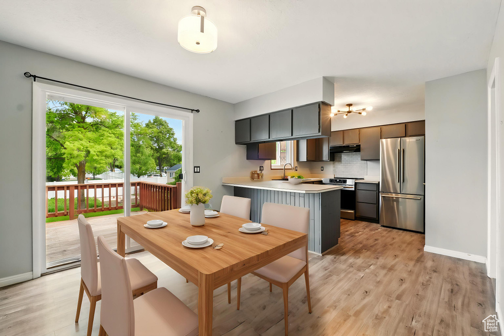 Dining room with light wood finished floors and baseboards