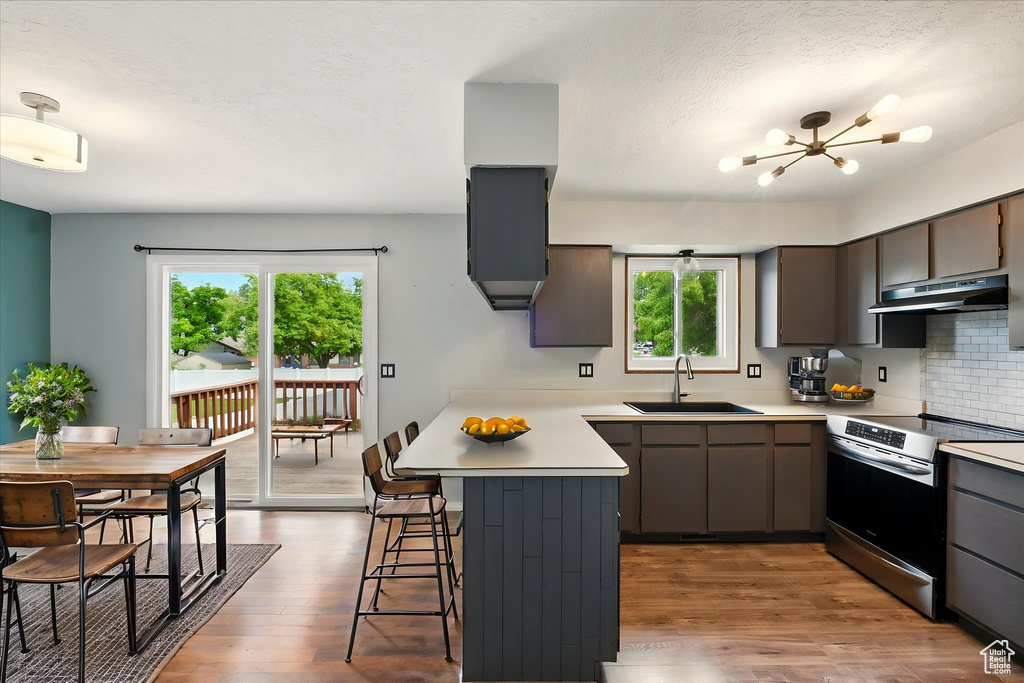 Kitchen with stainless steel electric range, a sink, under cabinet range hood, a peninsula, and light countertops