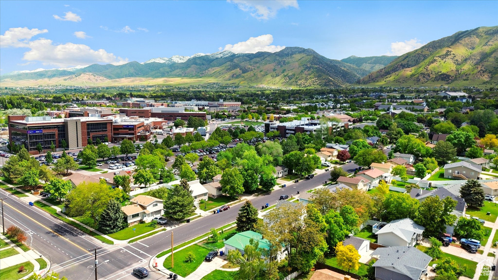 Aerial view of residential area with mountains