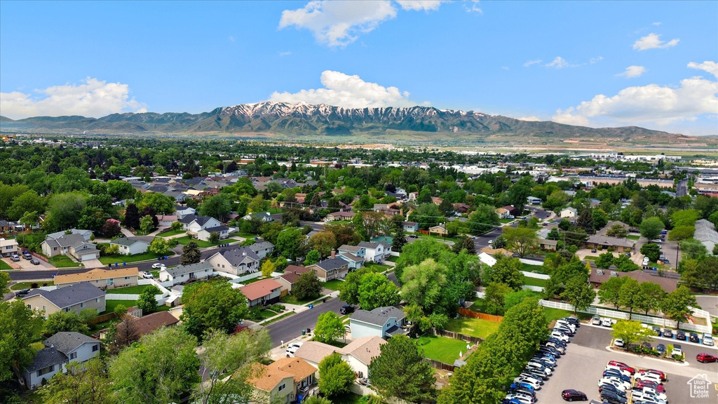 Aerial view of residential area with mountains