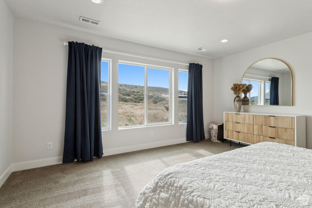Bedroom featuring baseboards, light carpet, and recessed lighting