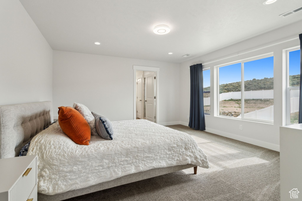 Carpeted bedroom featuring baseboards and recessed lighting