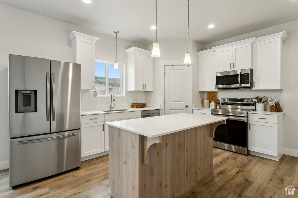 Kitchen with stainless steel appliances, a sink, light countertops, light wood-style flooring, and recessed lighting
