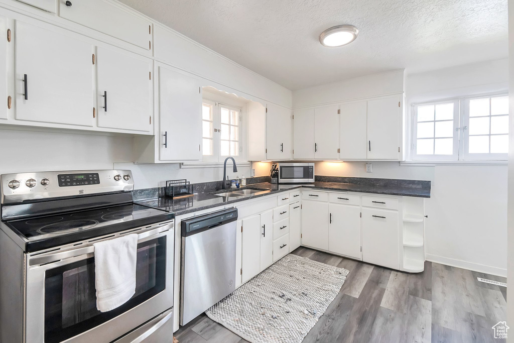 Kitchen with stainless steel appliances, a sink, plenty of natural light, white cabinets, and a textured ceiling