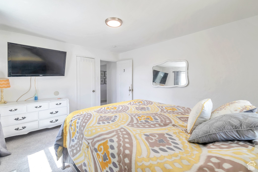 Bedroom featuring carpet and a closet