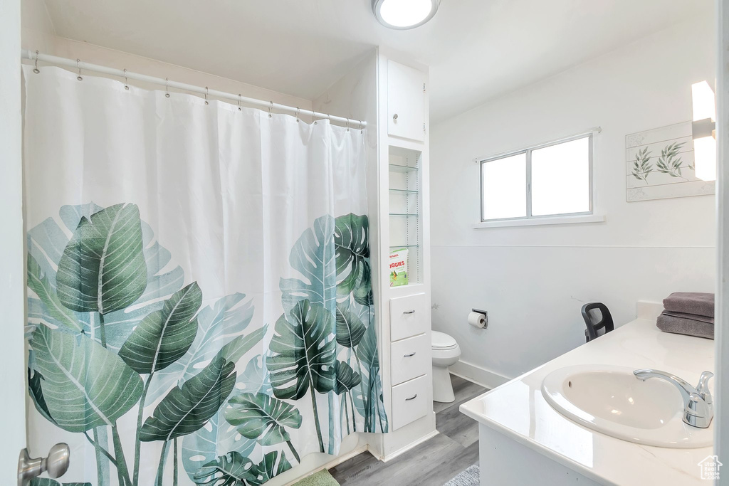 Full bathroom featuring toilet, wood finished floors, vanity, and a shower with curtain