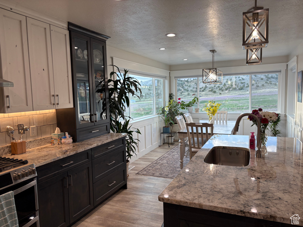 Kitchen featuring a sink, stainless steel gas stove, a textured ceiling, light wood-type flooring, and glass insert cabinets