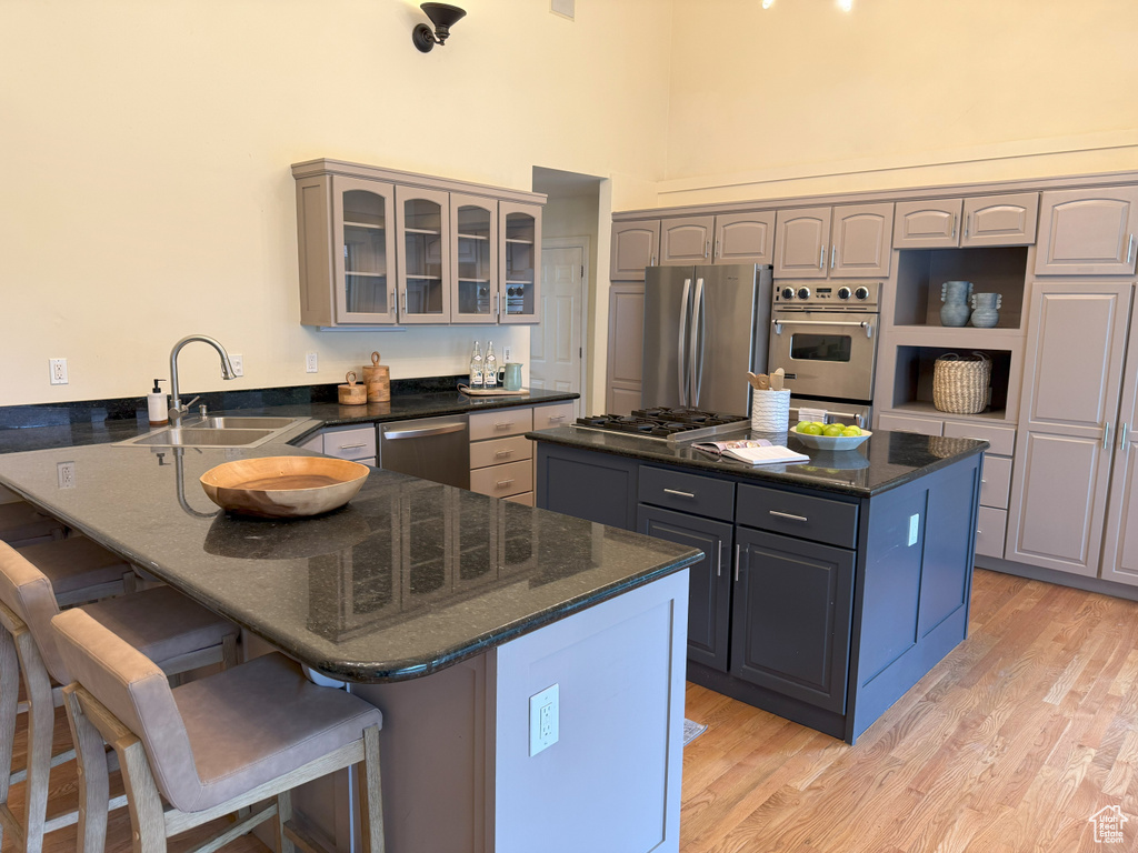 Kitchen with appliances with stainless steel finishes, a sink, a towering ceiling, gray cabinets, and a peninsula