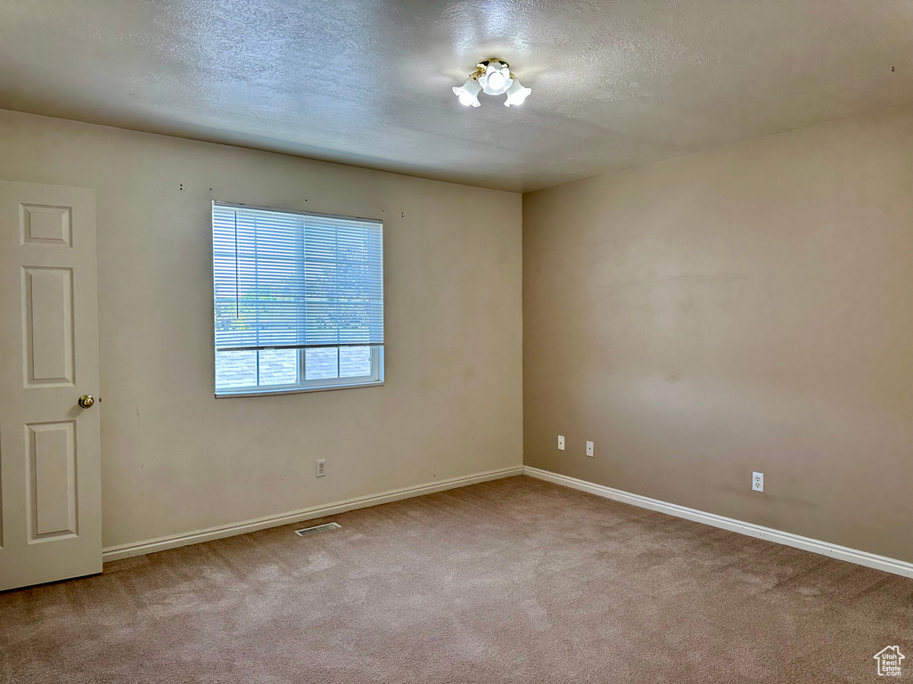 Unfurnished room with carpet, baseboards, and a textured ceiling