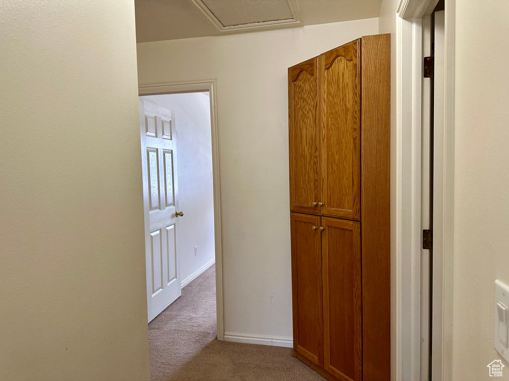 Hallway featuring carpet floors and baseboards