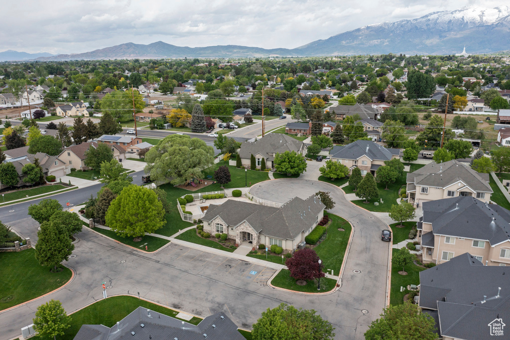 Aerial view of residential area with mountains