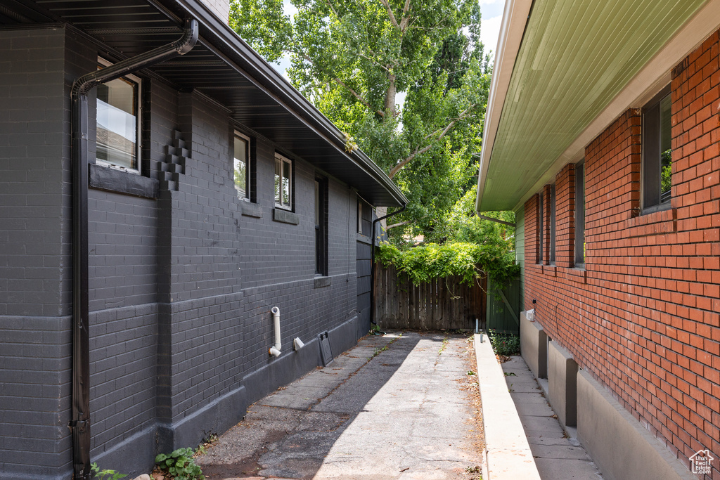View of home\\\'s exterior featuring brick siding
