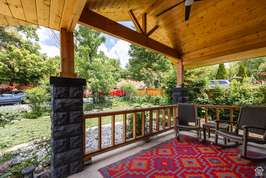 View of patio with ceiling fan