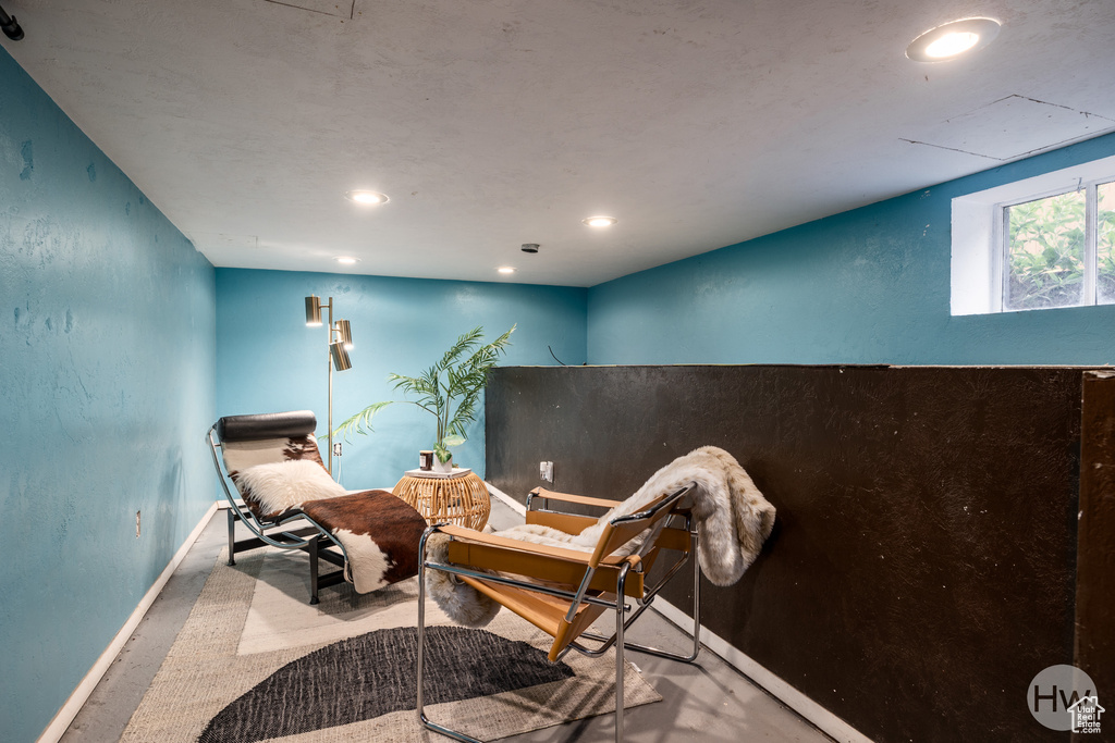 Living area featuring recessed lighting and carpet
