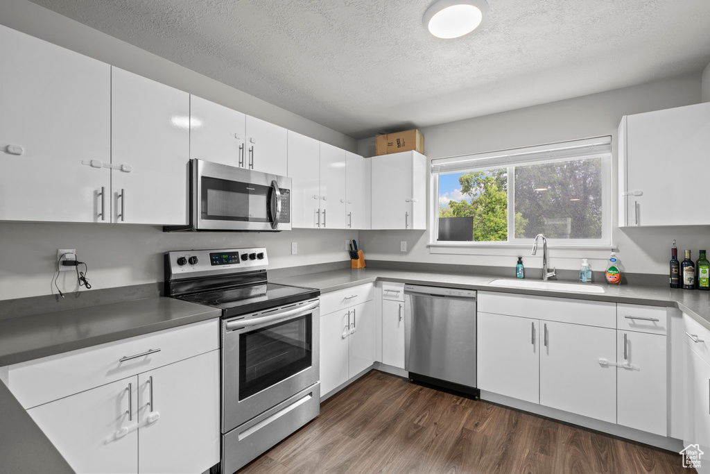 Kitchen with stainless steel appliances, a sink, a textured ceiling, dark wood-type flooring, and white cabinetry