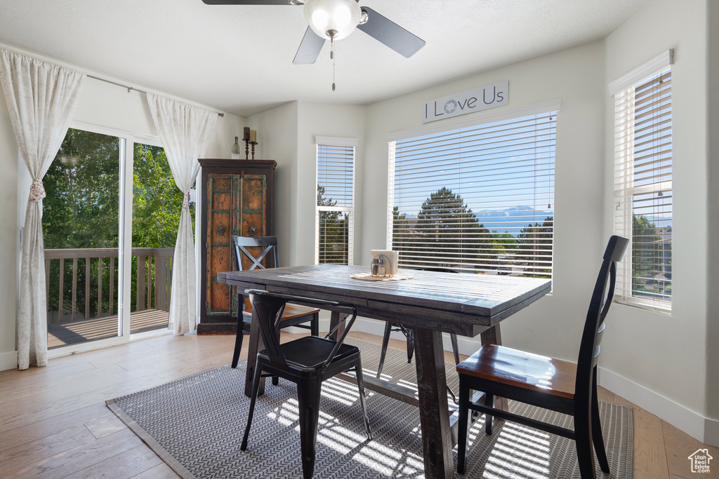 Dining room with a ceiling fan, light wood-type flooring, and baseboards