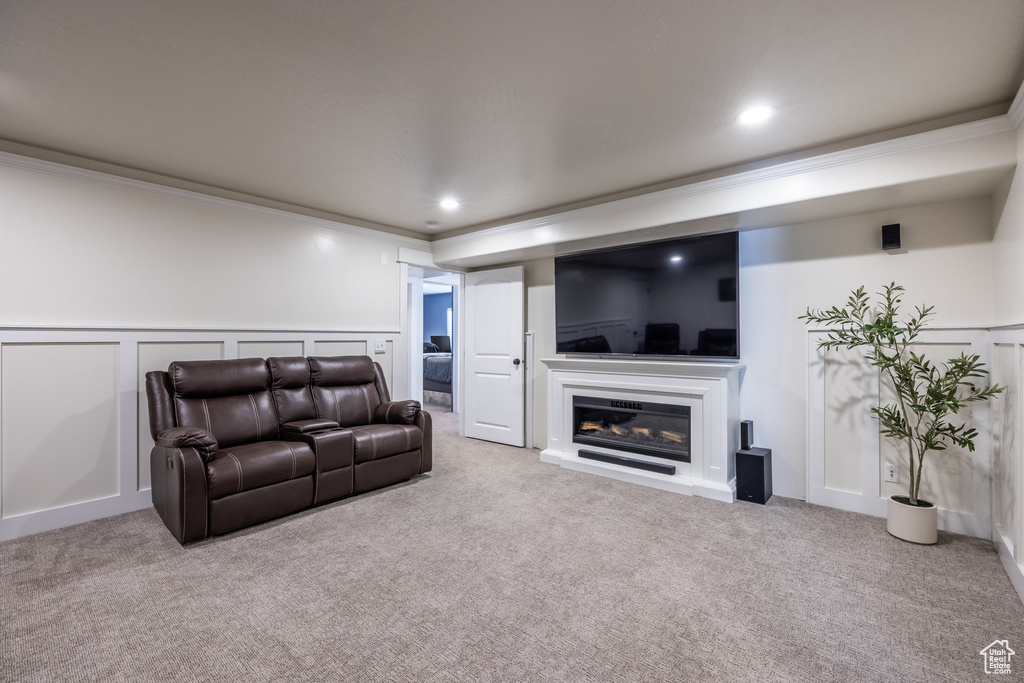 Living area with a decorative wall, carpet floors, crown molding, wainscoting, and a glass covered fireplace