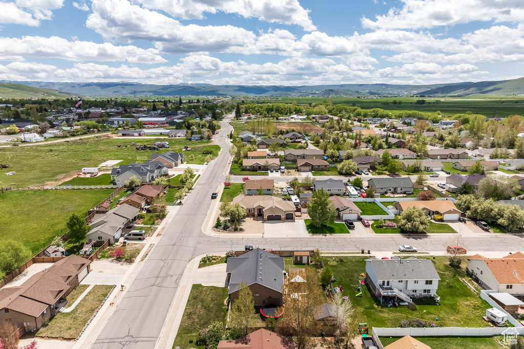Aerial perspective of suburban area with mountains
