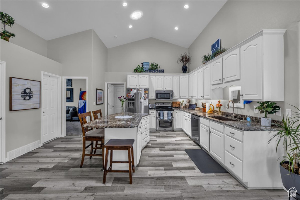 Kitchen with a sink, stainless steel appliances, high vaulted ceiling, dark stone countertops, and white cabinets