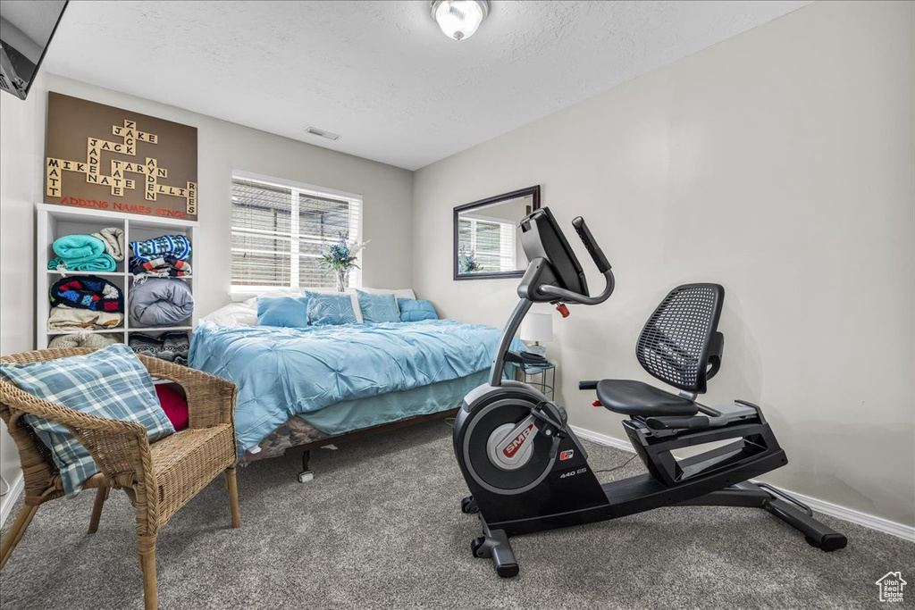 Carpeted bedroom featuring baseboards