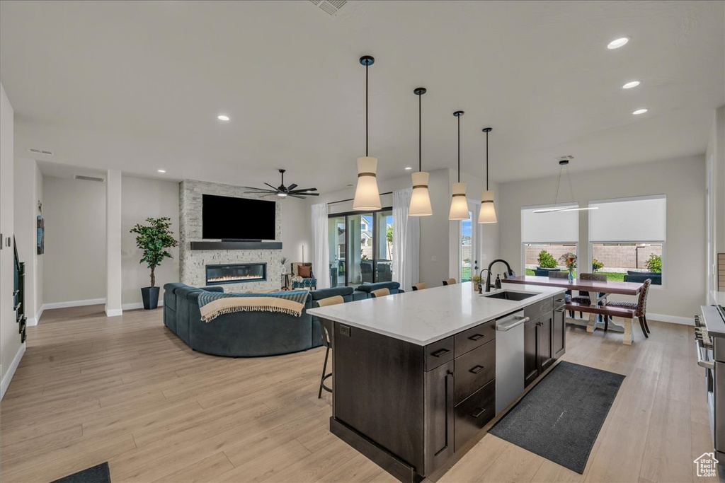 Kitchen with ceiling fan, a fireplace, stainless steel dishwasher, healthy amount of natural light, and recessed lighting