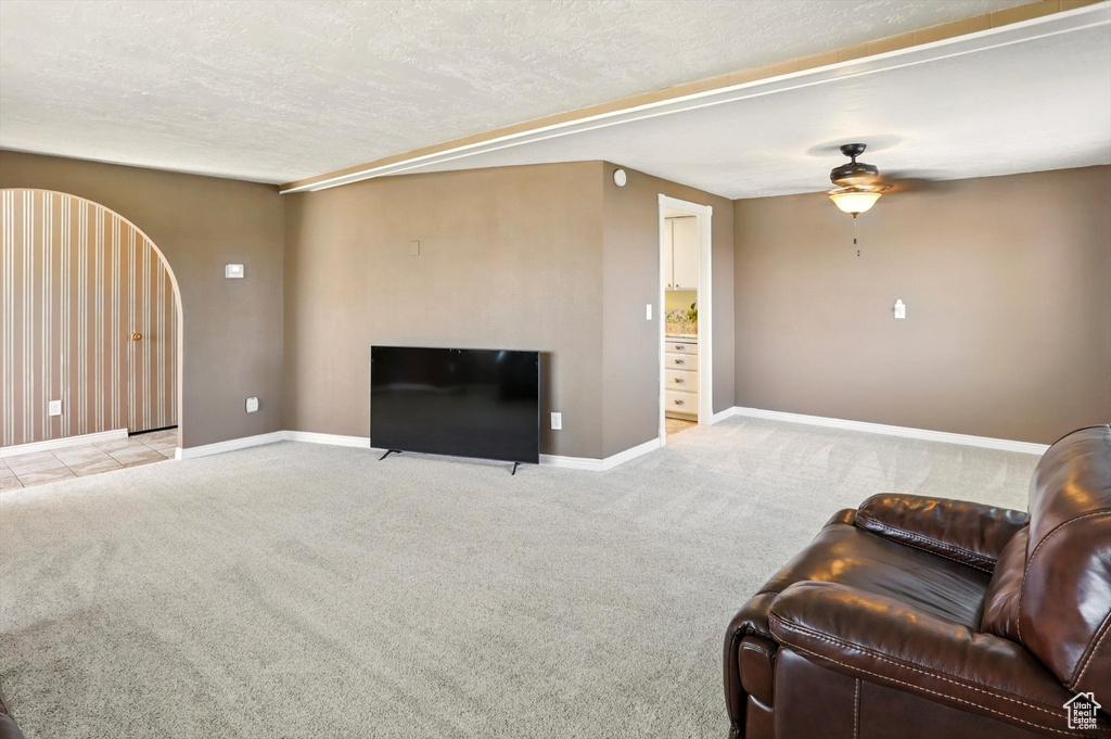 Carpeted living room with a ceiling fan, a textured ceiling, baseboards, and arched walkways
